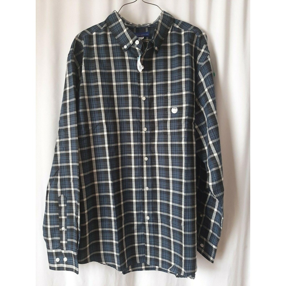 New Simply Styled Shirt Long Sleeve‎ Dark Blue Plaid Men's Size XL